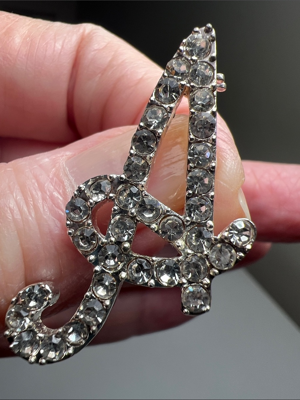Amazing Rhinestone Letter 'A' Pin Brooch - Clear Crystal Silver Tone - Vintage